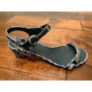 CHANEL Blue White Tweed Chain Pearl Kitten Heel Sandals, Size 6 | 36